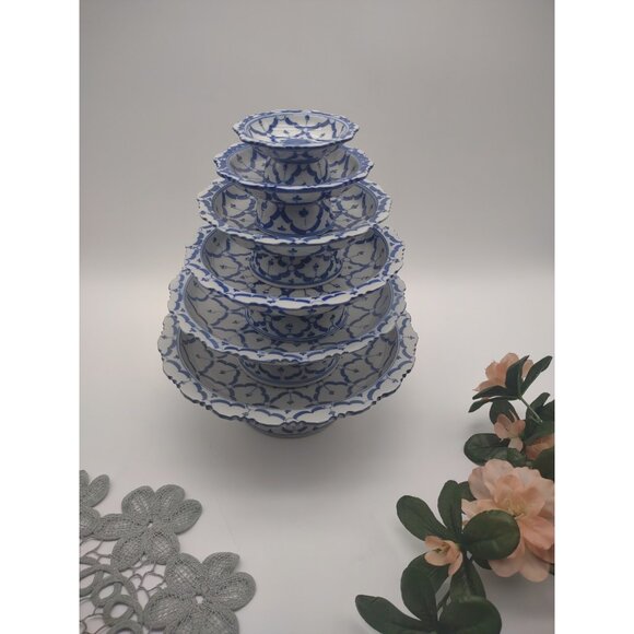 Vintage Set of 6 Blue White Floral Porcelain Stacking Pedestal Bowls 9.5” Tall - Picture 3 of 17